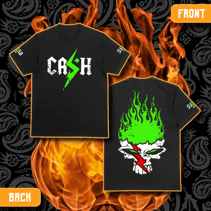Cash O'Reilly X 5150 Clothing Co. | Standard Issue Black T-Shirt | CASH Flamin' Green