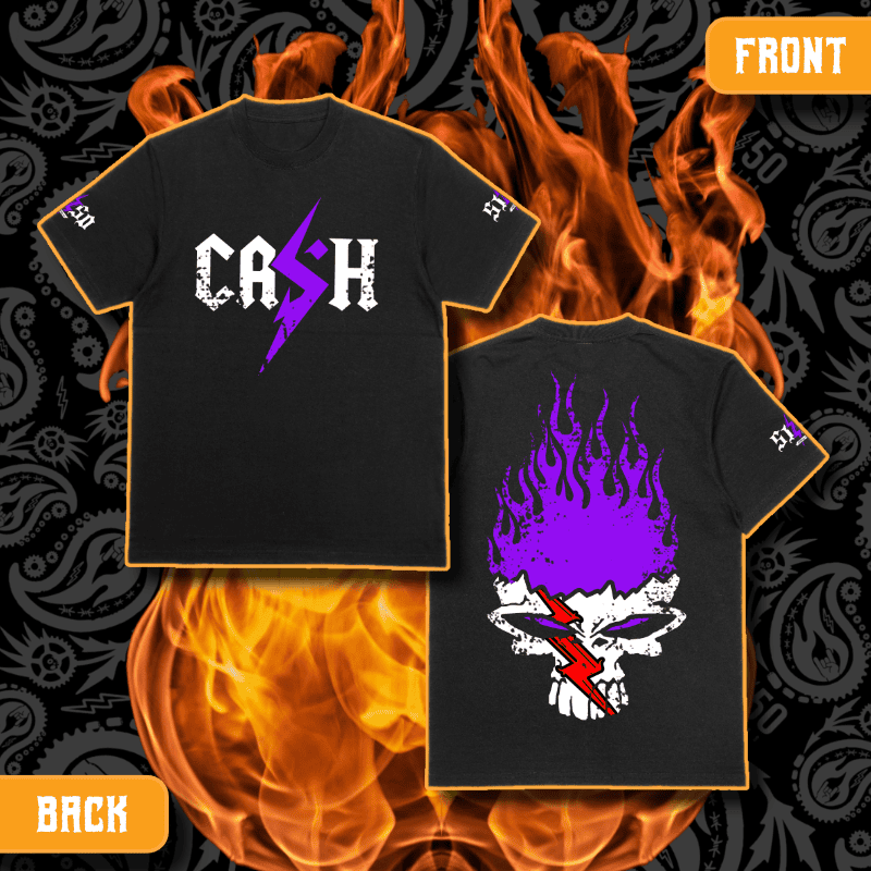 Cash O'Reilly X 5150 Clothing Co. | Standard Issue Black T-Shirt | CASH Flamin' Purple