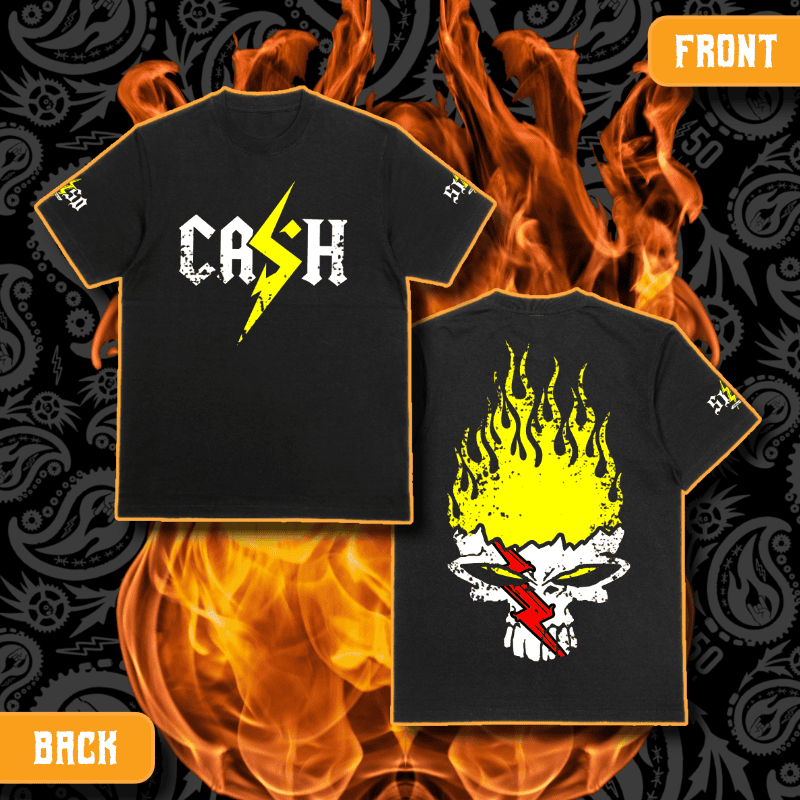 Cash O'Reilly X 5150 Clothing Co. | Standard Issue Black T-Shirt | CASH Flamin' Yellow