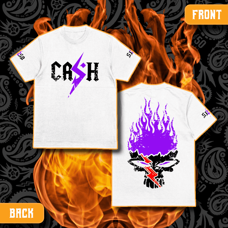 Cash O'Reilly X 5150 Clothing Co. | Standard Issue White T-Shirt | CASH Flamin' Purple